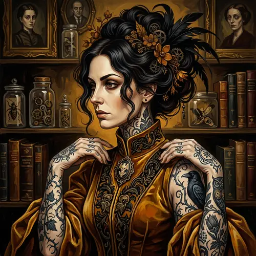 Surreal Tattooed Lady Portrait with Bold Color Schemes