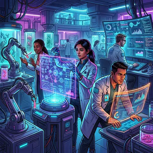Futuristic Neon-lit Laboratory with Diverse Scientists in Action