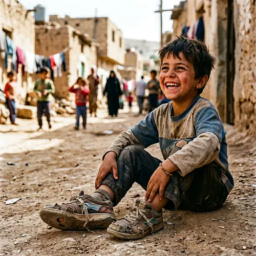 Happy Child in Poverty with Worn Shoe - Portrait of Resilience