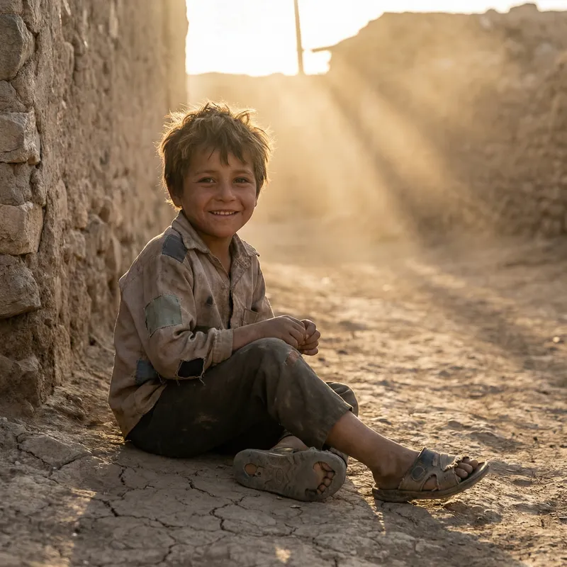 Joyful Middle-Eastern Child Smiling with Worn-out Shoes Joyful Middle-Eastern Child Smiling with Worn-out Shoes