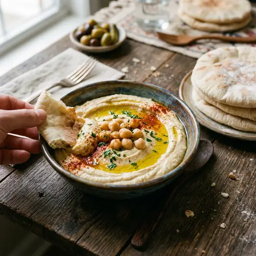Traditional Middle Eastern Hummus in Ceramic Bowl