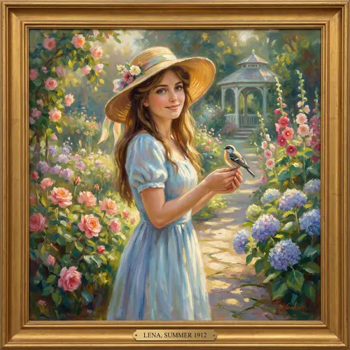 Beautiful Painting of Lena in Blue Summer Dress with a Small Bird