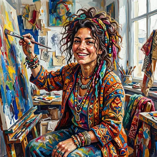 Vibrant Self-Portrait Painting with Expressive Facial Features