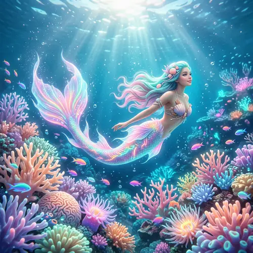 Enchanting Underwater Paradise with Graceful Mermaid and Vibrant Coral Reefs