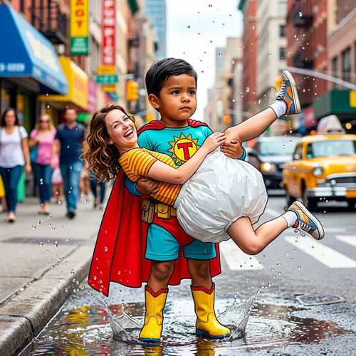 Powerful Toddler Superhero in Vibrant Costume | Whimsical City Scene