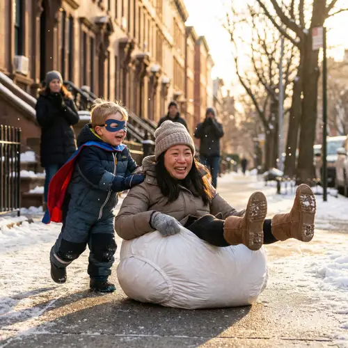 Cinematic Snow Slide: Toddler Superhero and Woman in Snow Diaper Joy