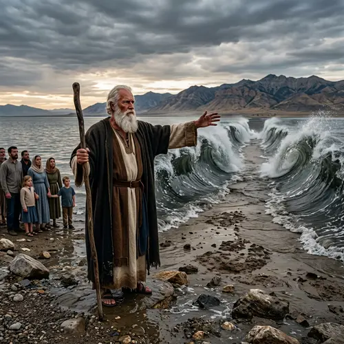 Elderly Religious Figure Parting Great Salt Lake | Hyper-realistic Scene