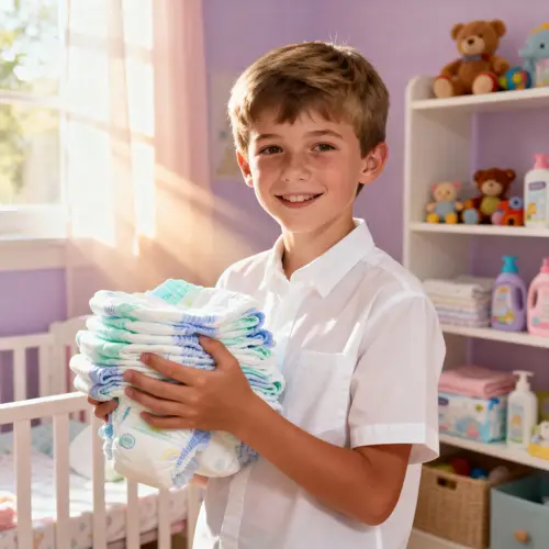 Young Boy with Baby Diapers in Cozy Nursery