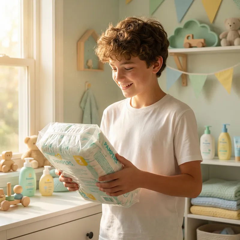 Young Boy with Baby Diapers in Cozy Nursery