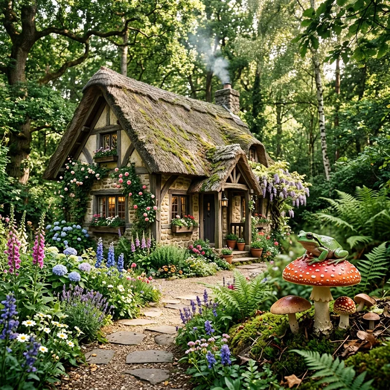 Charming Cottage in the Woods with Flowers & Frog Charming Cottage in the Woods with Flowers & Frog