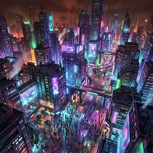 Neon-Lit Cyberpunk Metropolis: Futuristic Digital Art