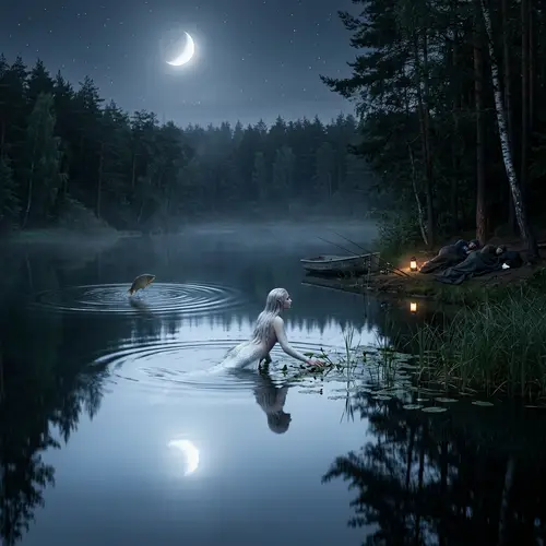 Tranquil Scene of a Moonlit Lake with White Mermaid