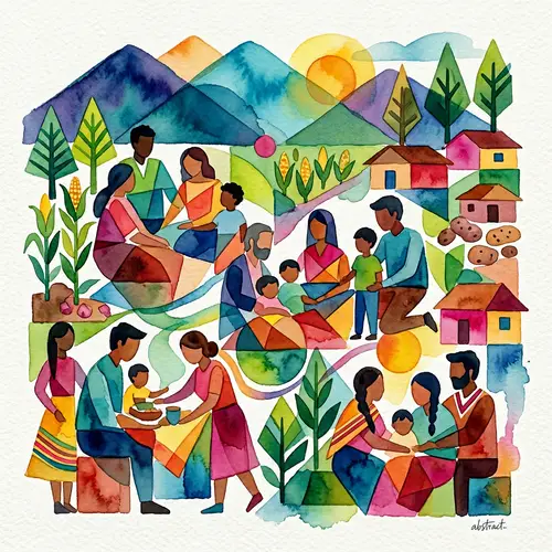 Diverse Ecuadorian Families in Abstract Watercolor Art