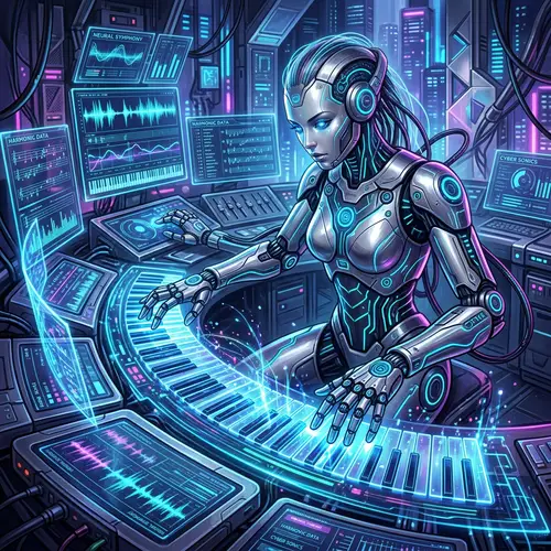 Futuristic Robot Musician in Cybernetic Style