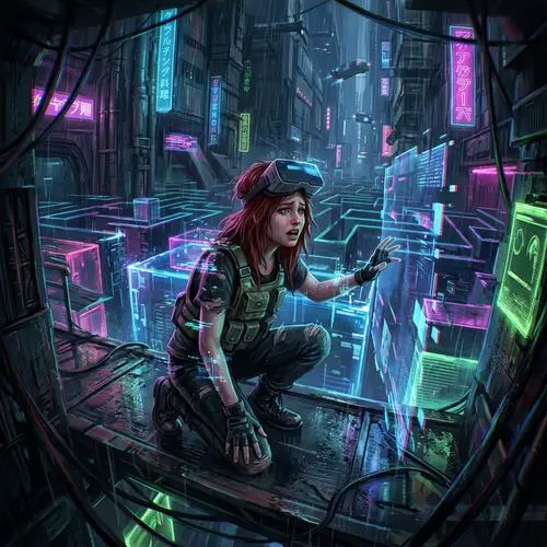 Dystopian Cyberpunk Scene with a Girl Trapped in Virtual Reality