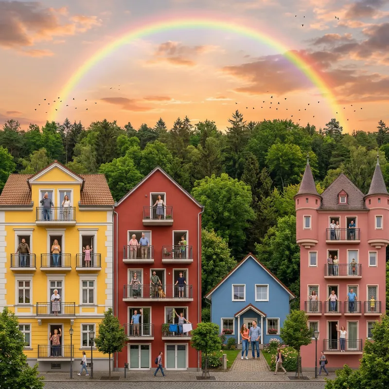 Charming Houses and Vibrant Nature at Sunset
