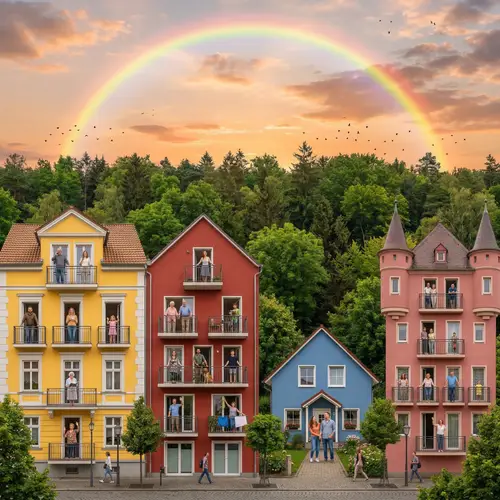 Charming Houses and Vibrant Nature at Sunset