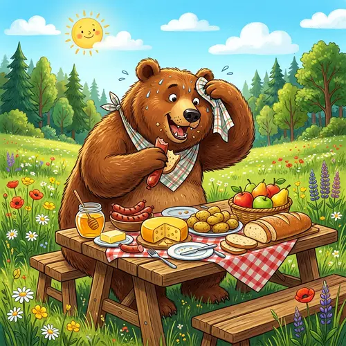Hungry Bear Enjoying a Picnic Feast