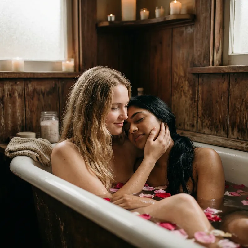 Intimate Bathtub Scene with Flower Petals Intimate Bathtub Scene with Flower Petals