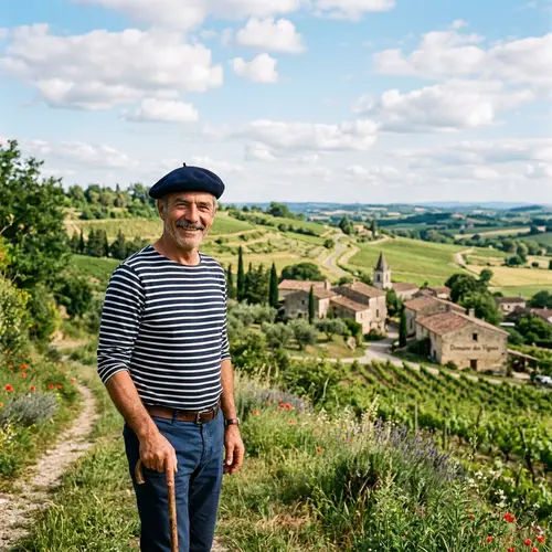 French Man in Traditional Beret | Idyllic Rural Landscape