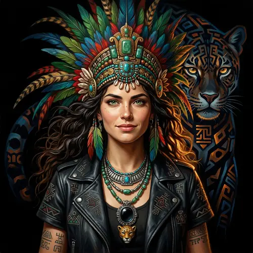 Realistic Art: Beautiful Aztec Girl with Impressive Headdress