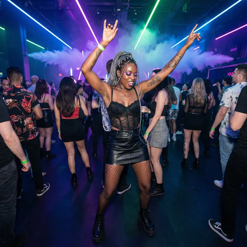 Futuristic Gothic Black Woman with Wild Style in Neon Nightclub