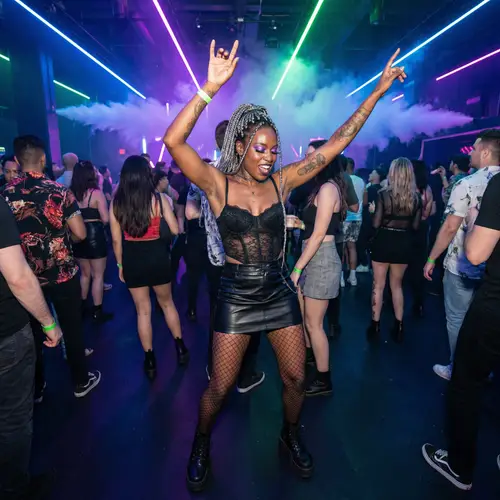 Captivating Gothic Black Woman Dancing in Futuristic Nightclub