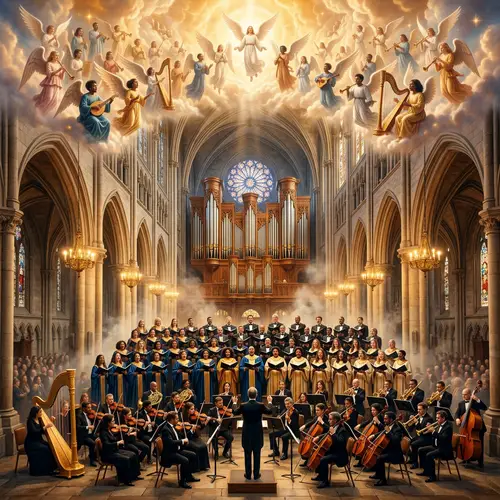 Majestic Gothic Church with Diverse Choir Singers and Angelic Orchestra