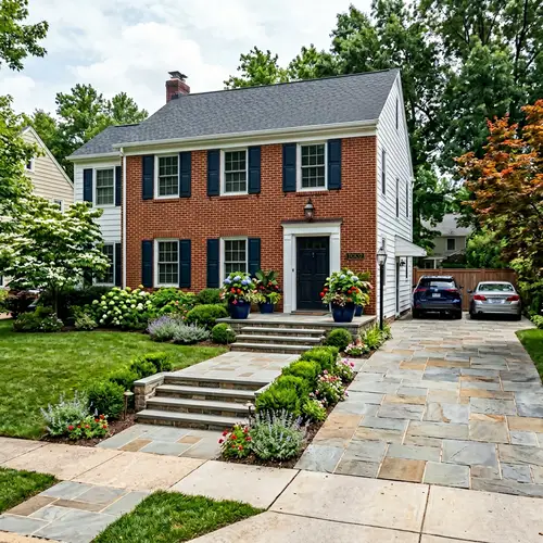 Traditional Home with Dark Blue Shutters and Landscaping