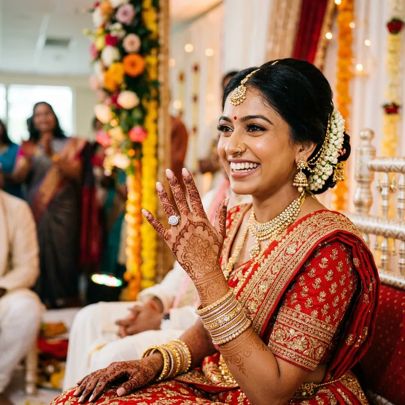 Sparkling Halo Engagement Ring on Lovely Bride