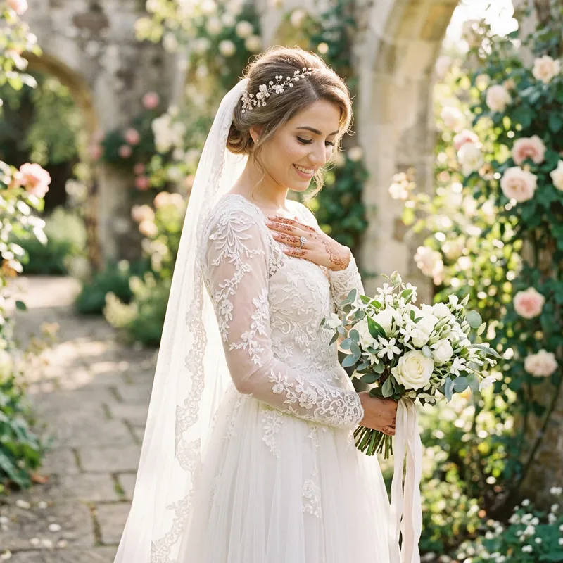 Ethereal Bride Featuring Halo Engagement Ring in Romantic Vintage Style