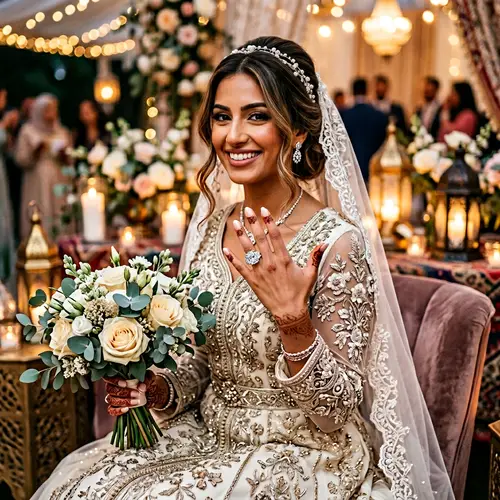 Majestic Three-Stone Engagement Ring on Enchanting Middle-Eastern Bride