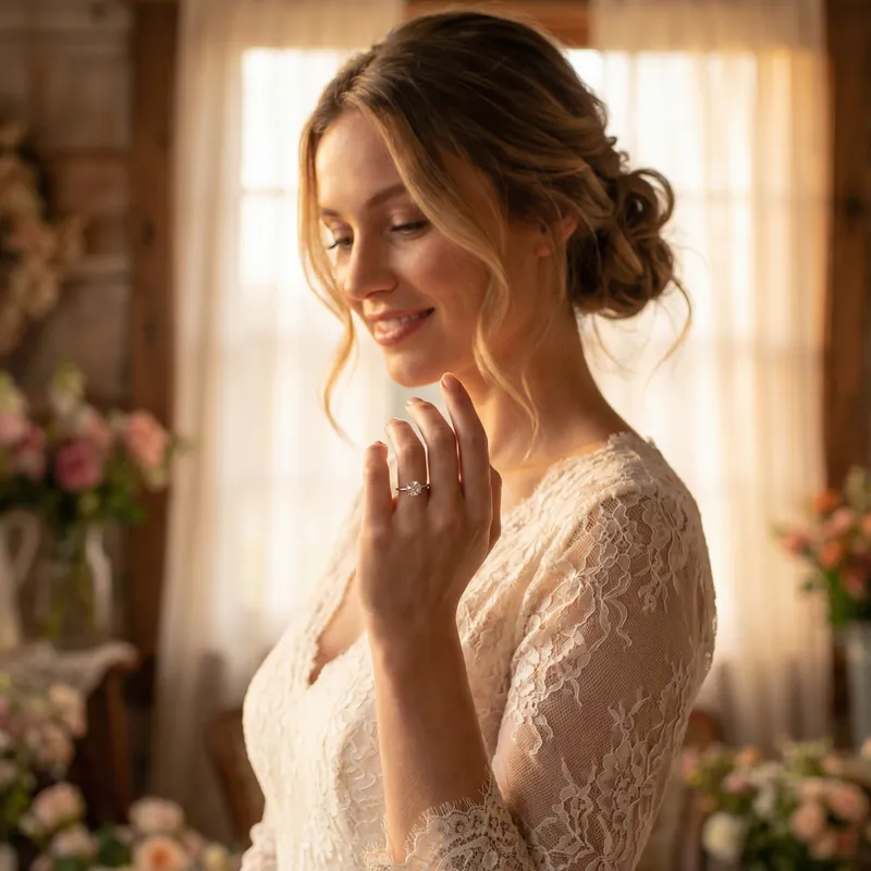 Stunning Bride with Solitaire Engagement Ring, Dreamy Romantic Style