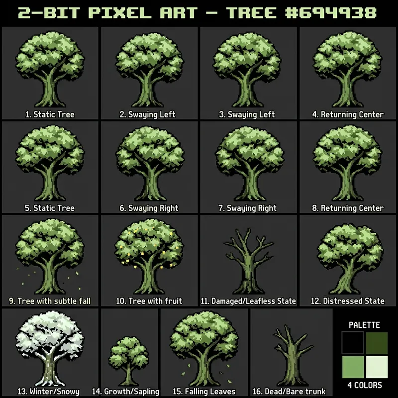 2-bit Pixel Art Tree Sprite Sheet for Game Design