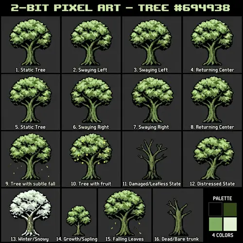 2-bit Pixel Art Tree Sprite Sheet for Game Design