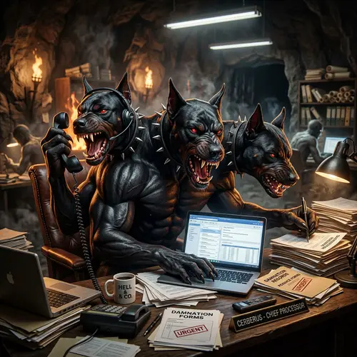 Angry Cerberus in Black Work - Myth Meets Office Life