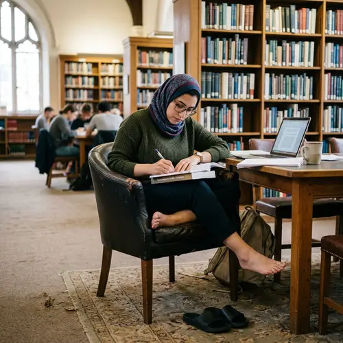 Arab Girl in Library: A Moment of Relaxation
