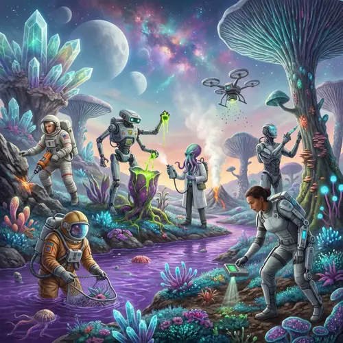 7 Unique Explorers Collecting Samples on a Strange Planet