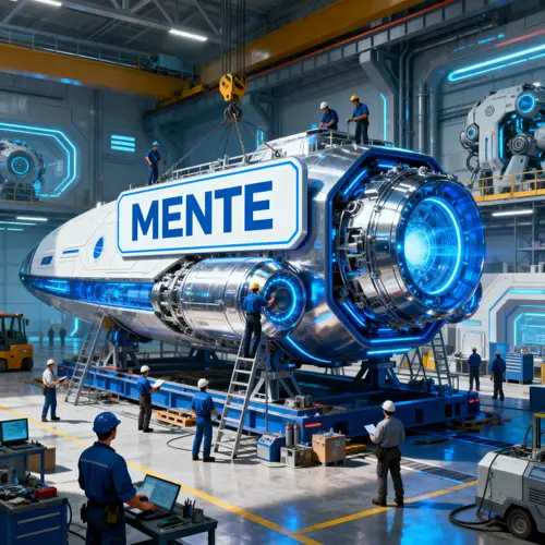 Futuristic Factory Workers Building a Space Device