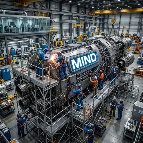 Futuristic Factory Workers Building a Space Device