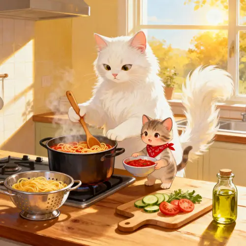 White Cat Cooking Pasta with Her Child