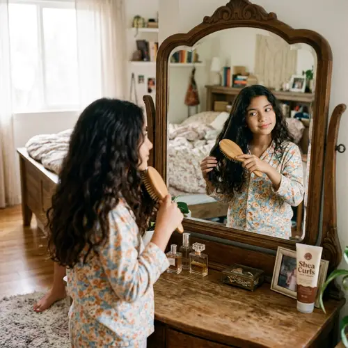 Preteen Hispanic Girl's Daily Hair Care Routine in Vintage-Style Setting