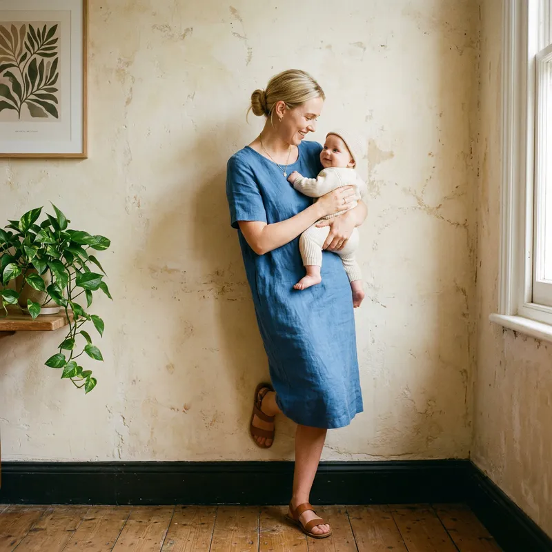 Blonde Woman in Blue Dress Holding a Baby Blonde Woman in Blue Dress Holding a Baby