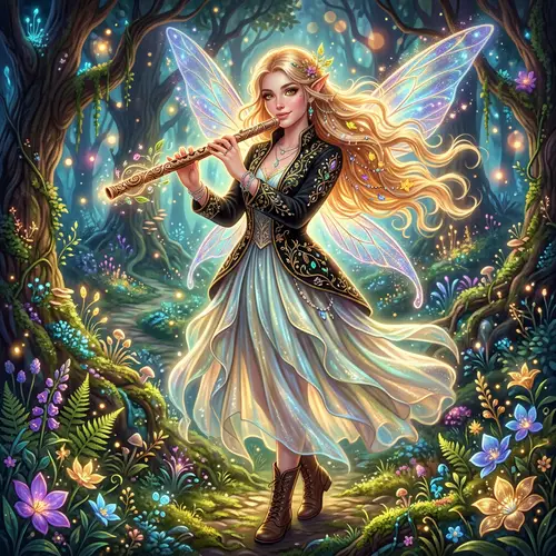 Ethereal Female Fairy Bard in Mystical Forest | Enchanting Artwork