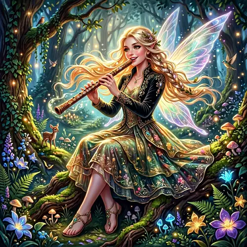 Ethereal Female Fairy Bard in Mystical Forest - Enchanting Concept Art