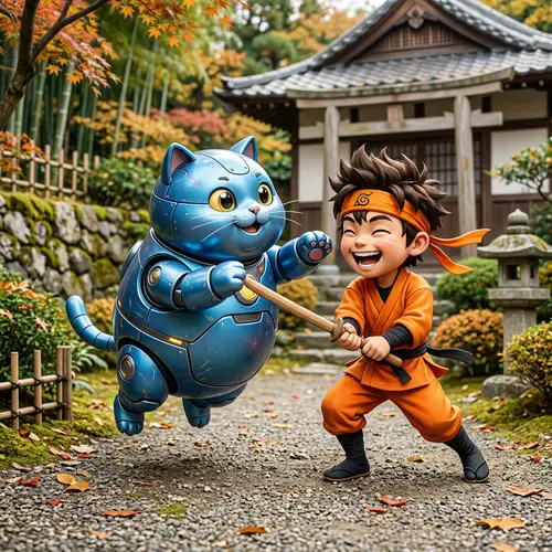 Doraemon vs. Naruto: Playful Robot Cat & Ninja Fight