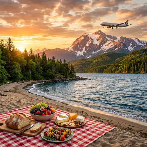 Scenic Airplane Flight Over Majestic Mountains and Tranquil Beach