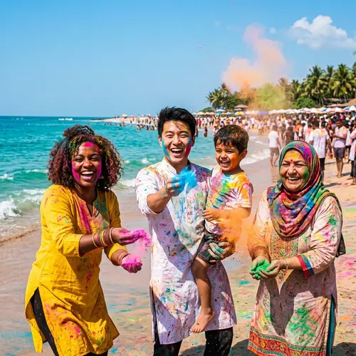 Vibrant Holi Beach Celebration with Diverse Participants