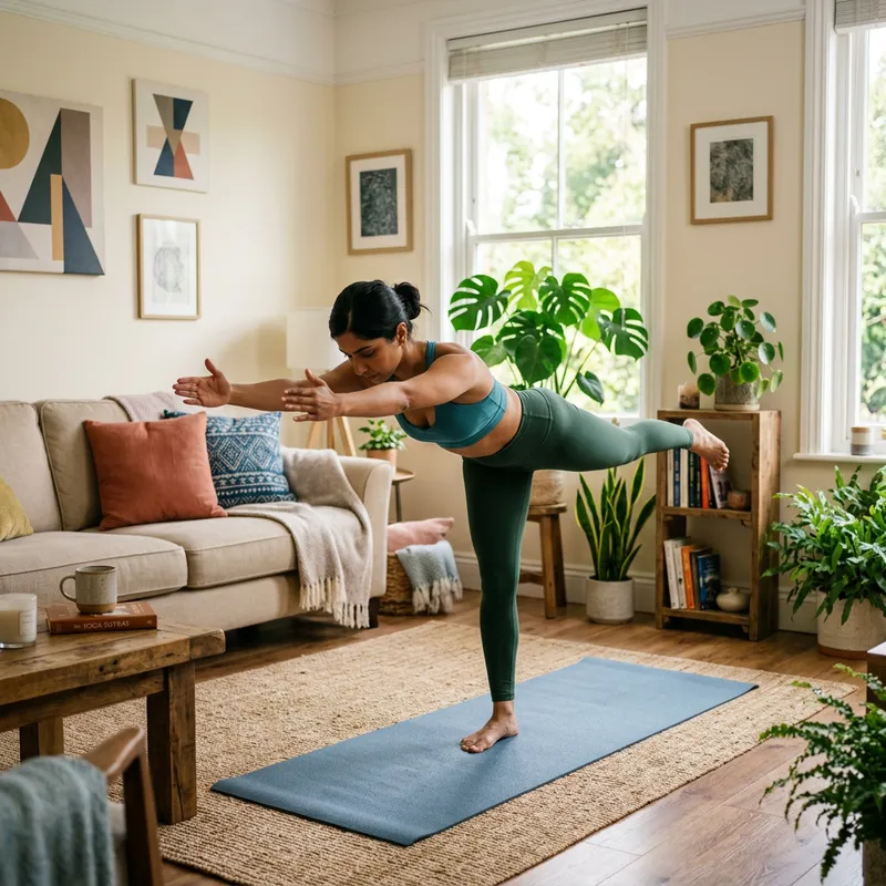 Woman Exercising in Spacious Home Living Room