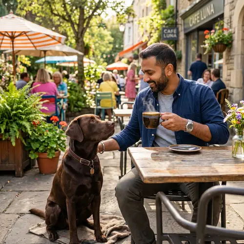 Man Enjoying Coffee with Loyal Dog at Sunny Cafe
